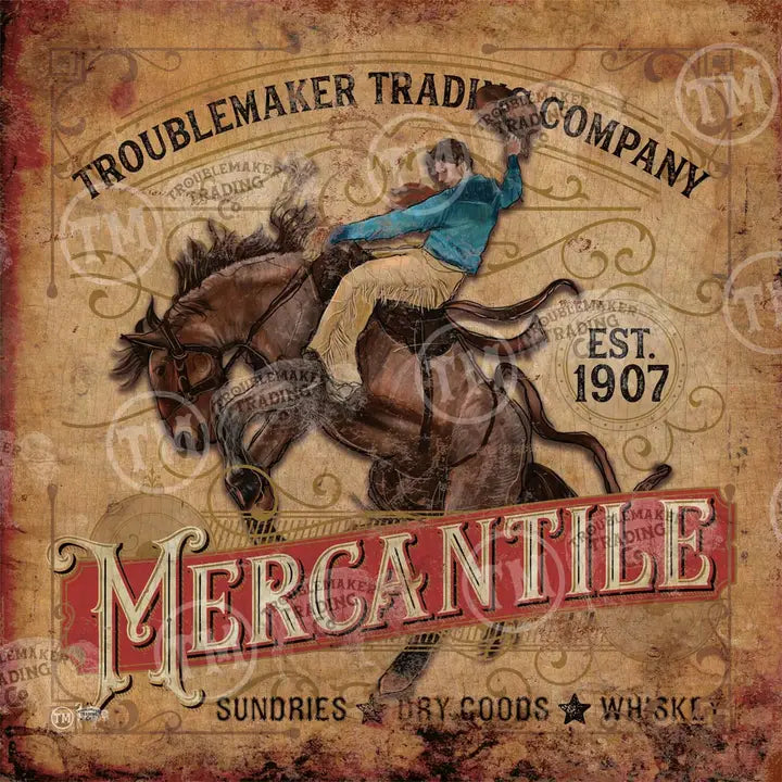 Vintage-style advertisement for Troublemaker Trading Company Mercantile featuring a rider on a horse.