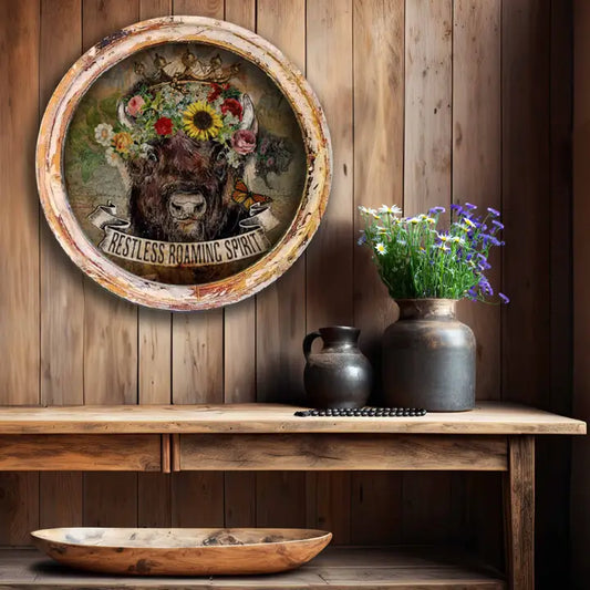 Rustic wall art with a cow illustration on a wooden shelf with plants and a notebook.