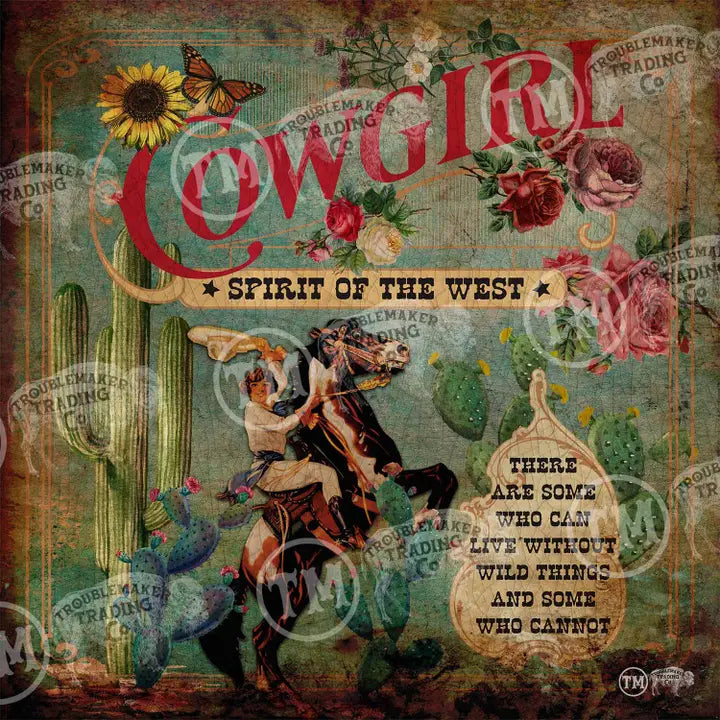 Decorative poster with 'Cowgirl: Spirit of the West' theme, featuring text and illustrations of a cowgirl on horseback.