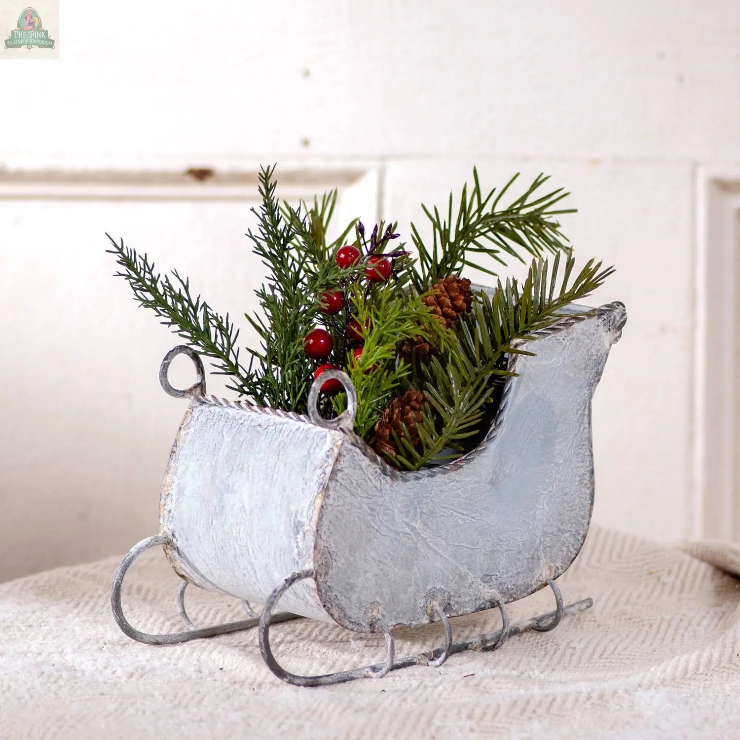 7-Inch Tin Sleigh in Rustic White Wash Irvin's Tinware