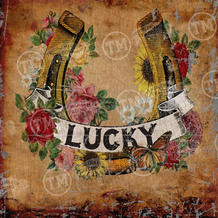 Decorative design with horseshoe, flowers, and 'LUCKY' text on a textured background.