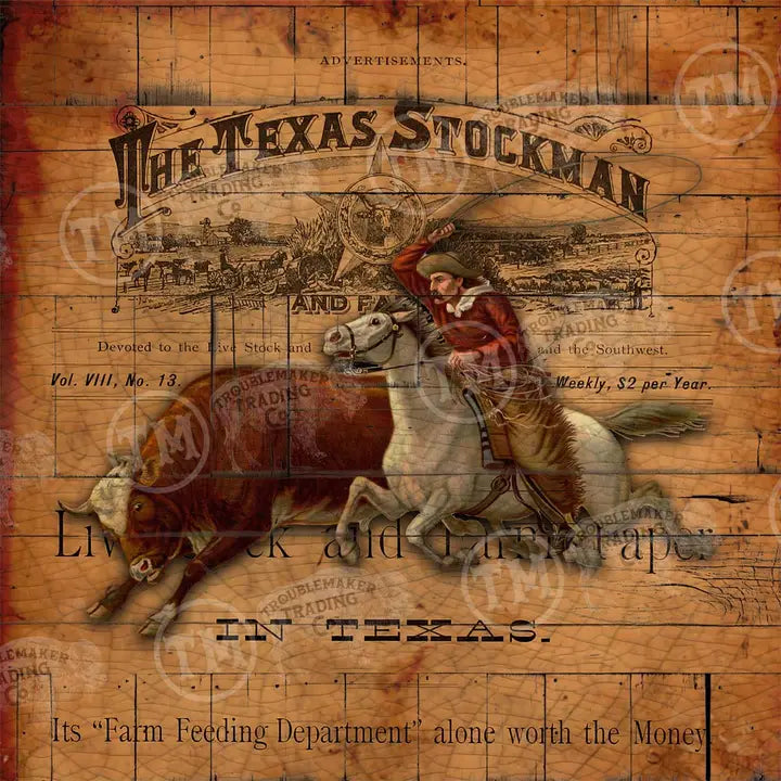 Vintage-style advertisement for 'The Texas Stockman' with a cowboy on horseback and steer on a wooden background.