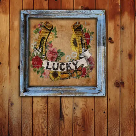 Decorative sign with horseshoe, flowers, and 'LUCKY' text in a rustic frame on a wooden wall.