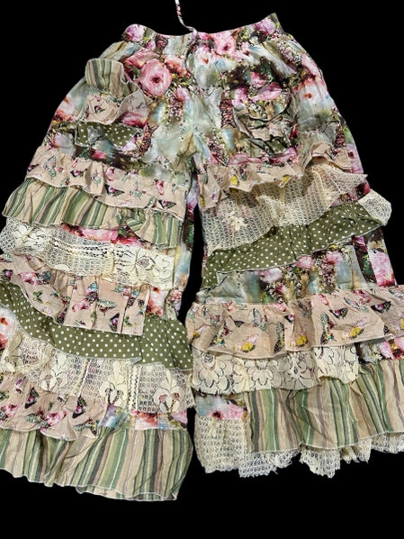 bohemian wide leg pants with patchwork floral design - front view