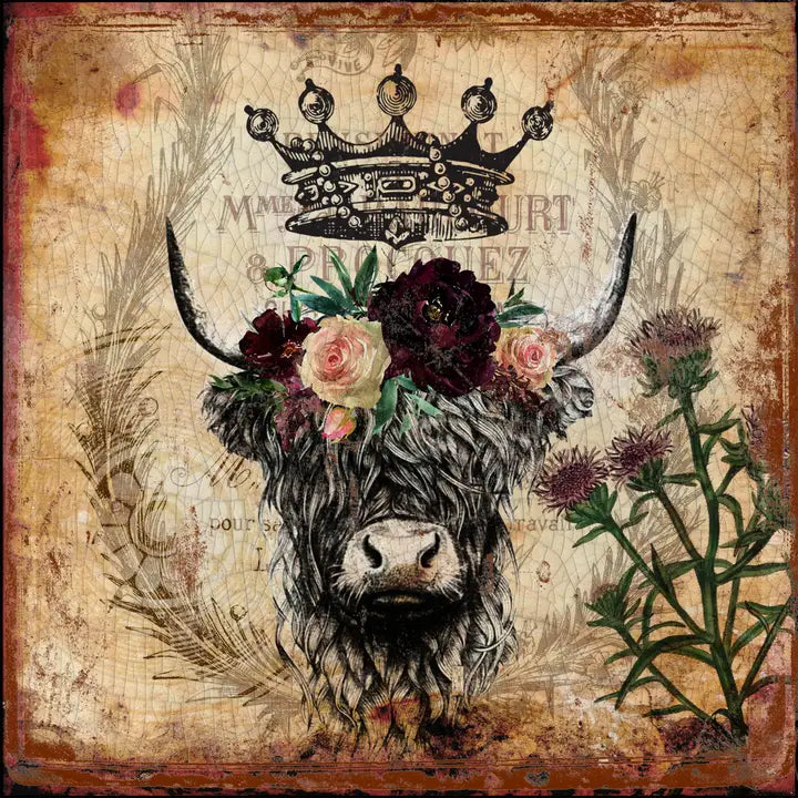 Artistic depiction of a highland cow with floral crown and thistles on a textured background