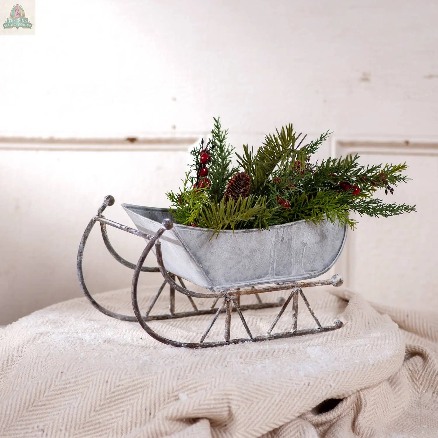 9-Inch Tin Sleigh in Rustic White Wash Irvin's Tinware