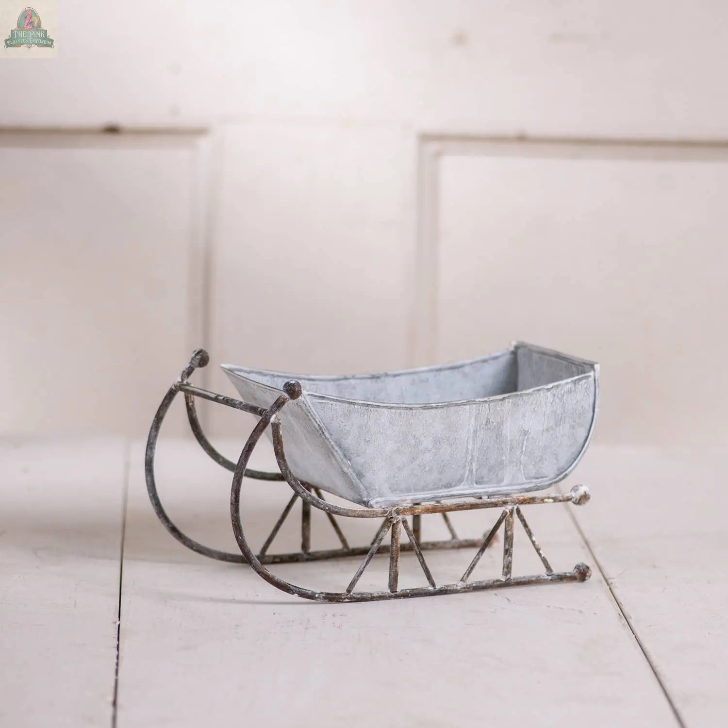 9-Inch Tin Sleigh in Rustic White Wash Irvin's Tinware
