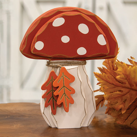 Distressed Wooden Mushroom with Leaves | Fall Mushroom Decor