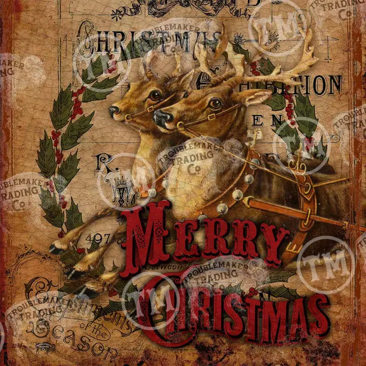 Vintage-style Christmas card with reindeer and 'Merry Christmas' text on a textured background.