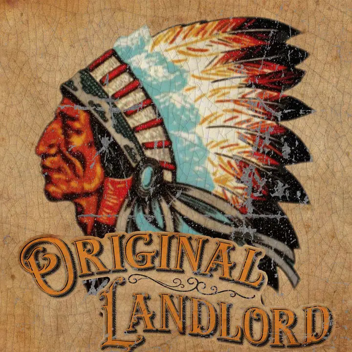 Logo with a stylized face wearing a headdress and 'Original Landlord' text on a textured background. - quirky home decor