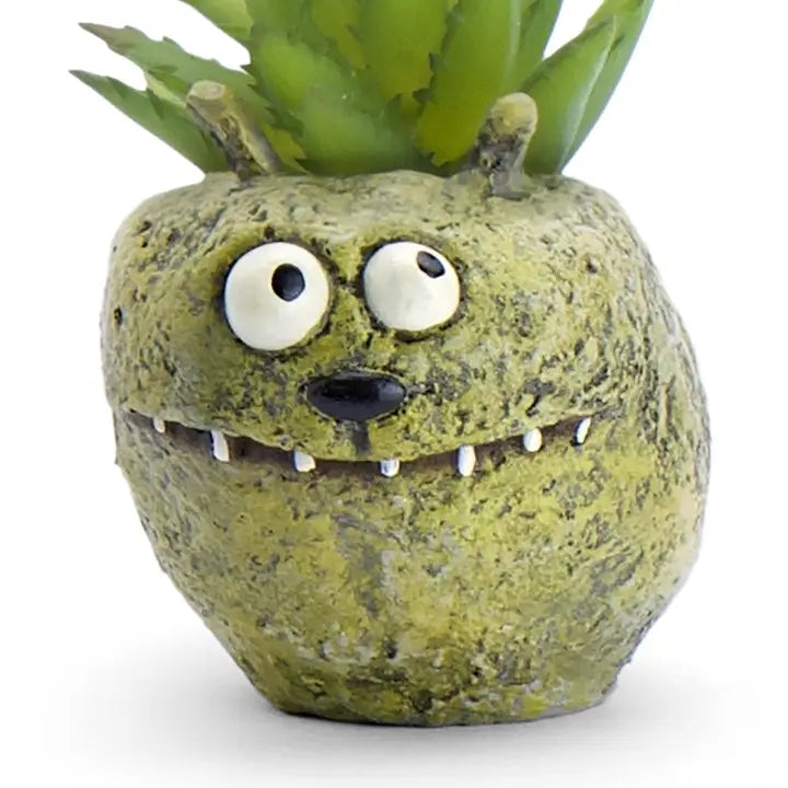 Monster-shaped planter with a succulent on a white background