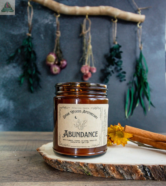 A brown glass jar labeled "Abundance" rests on a wooden slab with a flower and cinnamon sticks nearby, while dried herbs hang in the background against a dark wall.