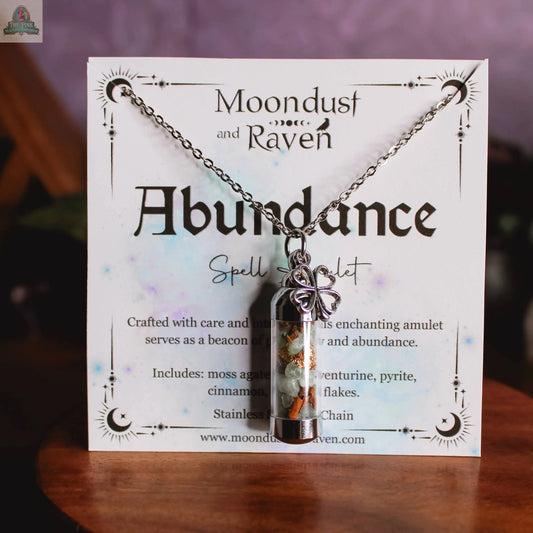 Abundance Spell Jar Amulet Necklace, Witchy Crystal Jewelry Moondust and Raven