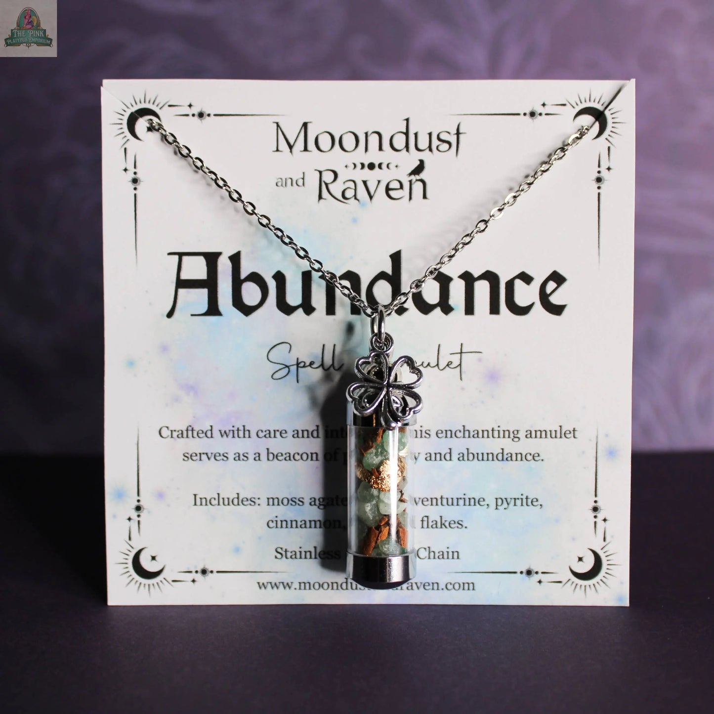 Abundance Spell Jar Amulet Necklace, Witchy Crystal Jewelry Moondust and Raven