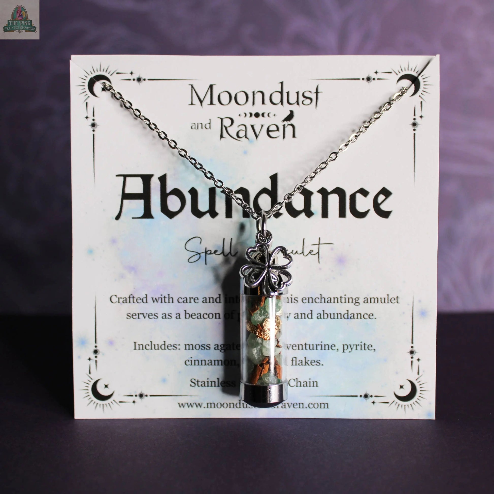 Abundance Spell Jar Amulet Necklace, Witchy Crystal Jewelry Moondust and Raven