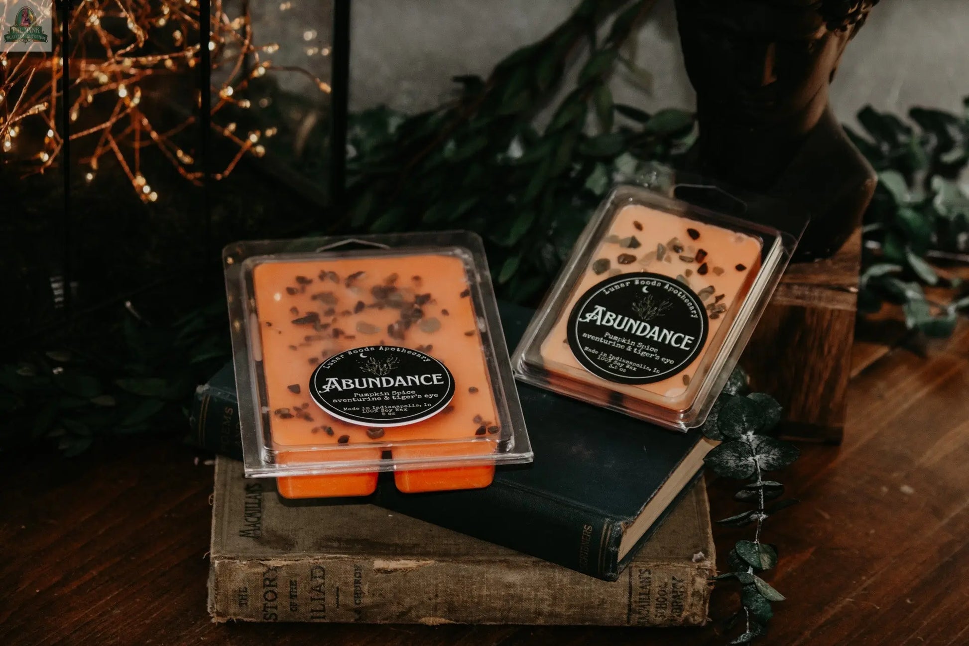 Two Abundance — Witchy Wax Melts in orange sit atop stacked vintage books, surrounded by green foliage and warm fairy lights, creating a cozy and rustic autumn decor vibe.