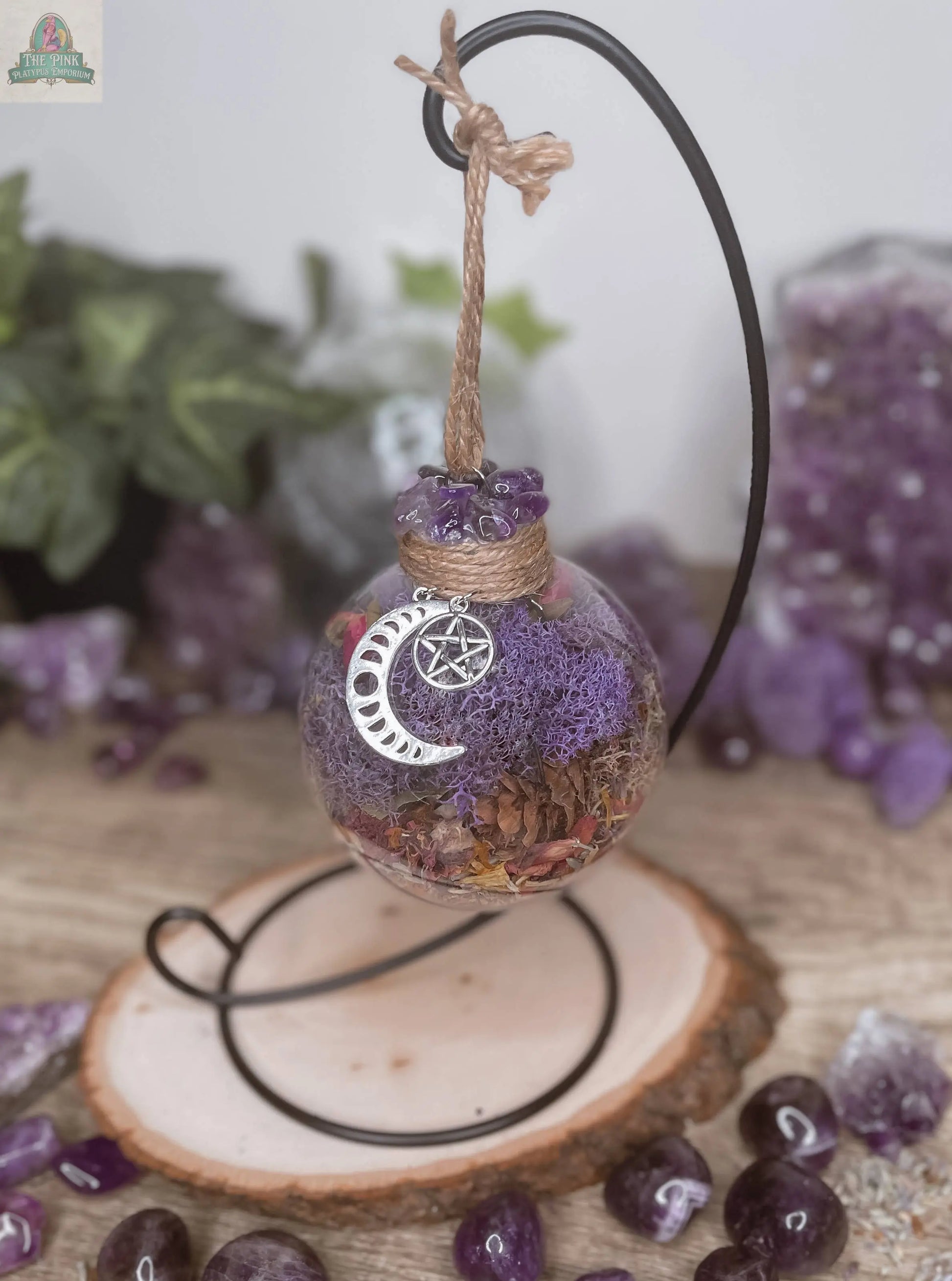 Amethyst Moon Witch Ball, Witchy Decor, Witch Gift: Ball w/ Stand Moondust and Raven