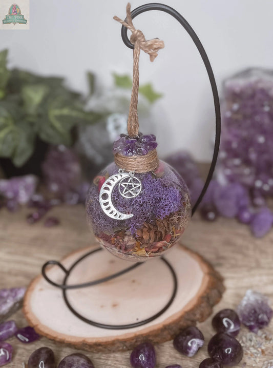 Amethyst Moon Witch Ball, Witchy Decor, Witch Gift: Ball w/ Stand Moondust and Raven
