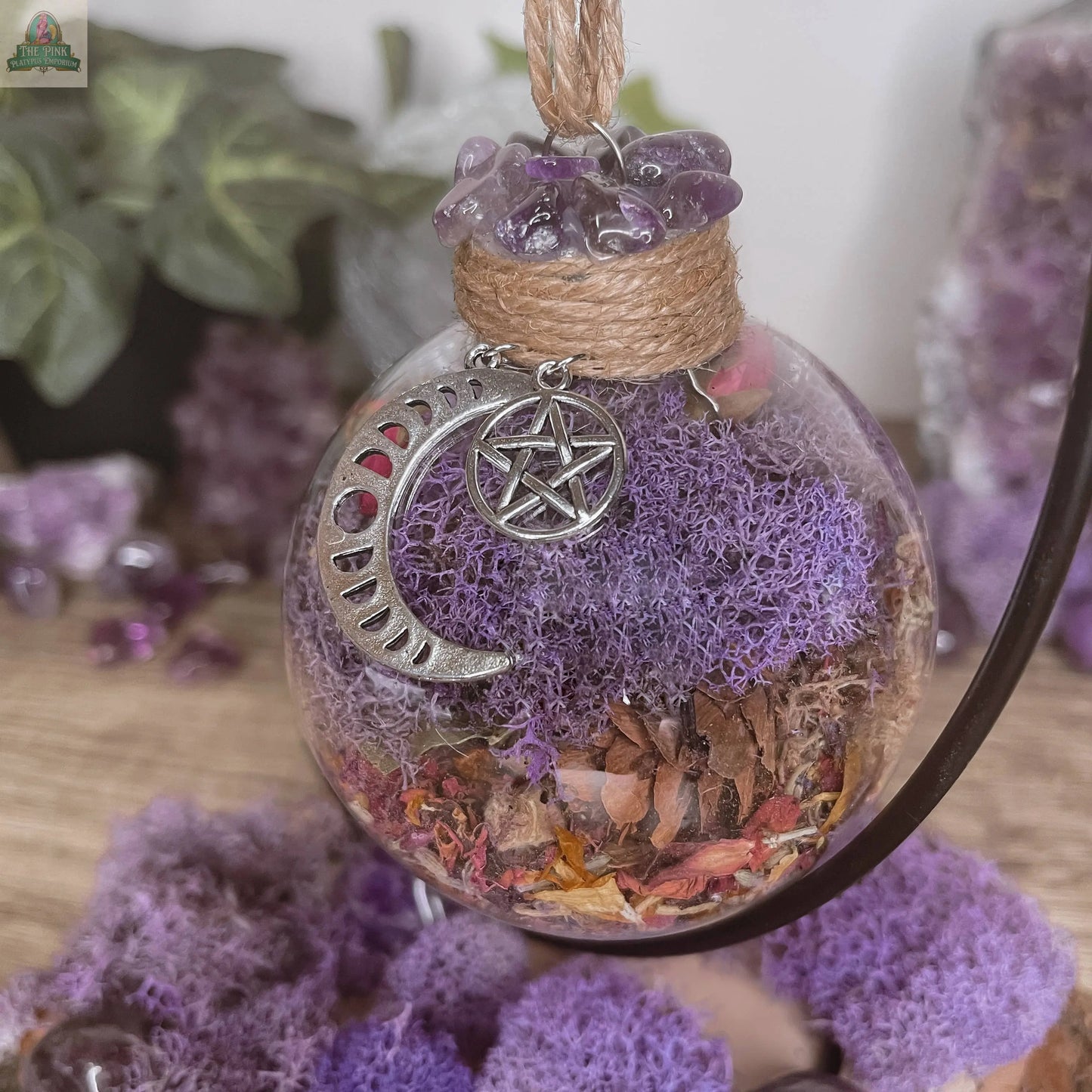 Amethyst Moon Witch Ball, Witchy Decor, Witch Gift: Ball w/ Stand Moondust and Raven