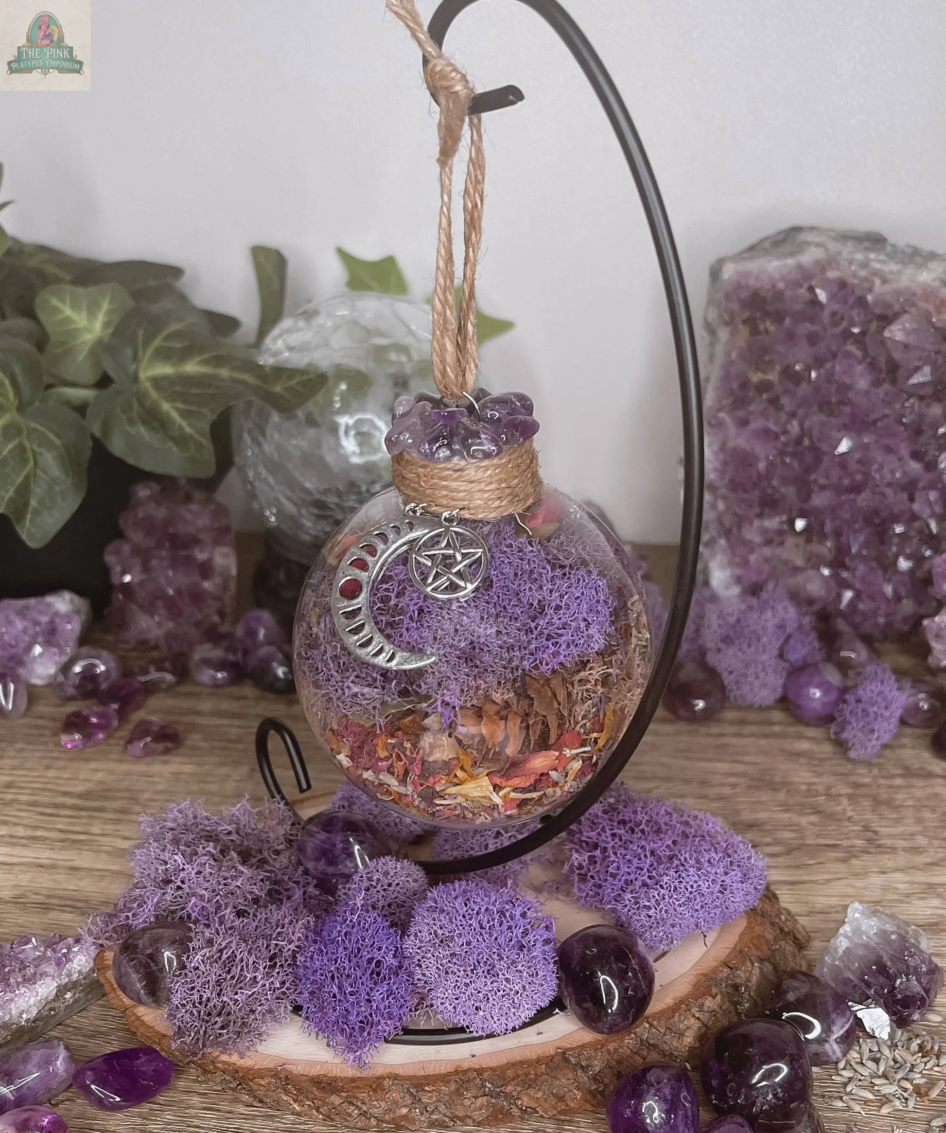 Amethyst Moon Witch Ball, Witchy Decor, Witch Gift: Ball w/ Stand Moondust and Raven