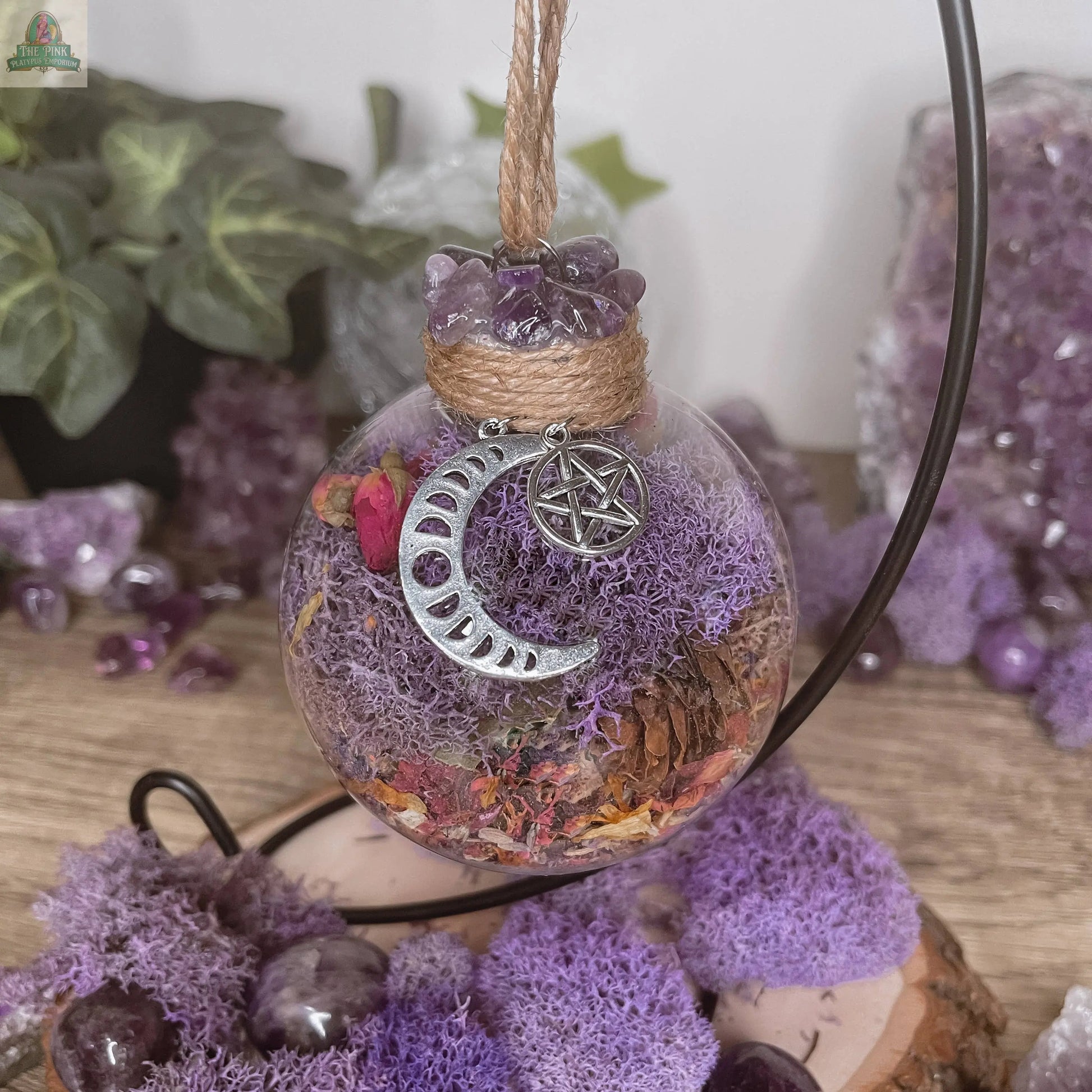 Amethyst Moon Witch Ball, Witchy Decor, Witch Gift: Ball w/ Stand Moondust and Raven