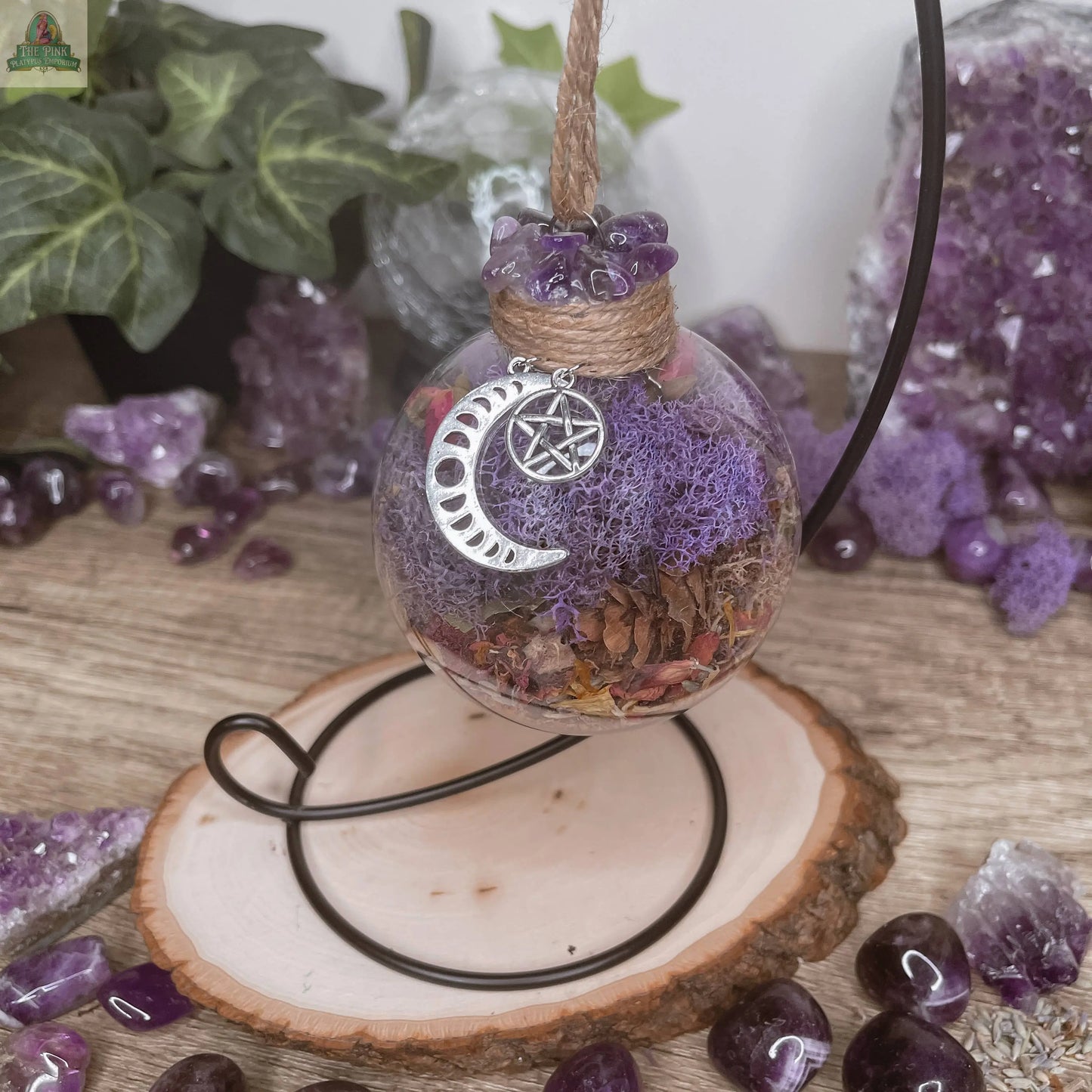 Amethyst Moon Witch Ball, Witchy Decor, Witch Gift: Ball w/ Stand Moondust and Raven