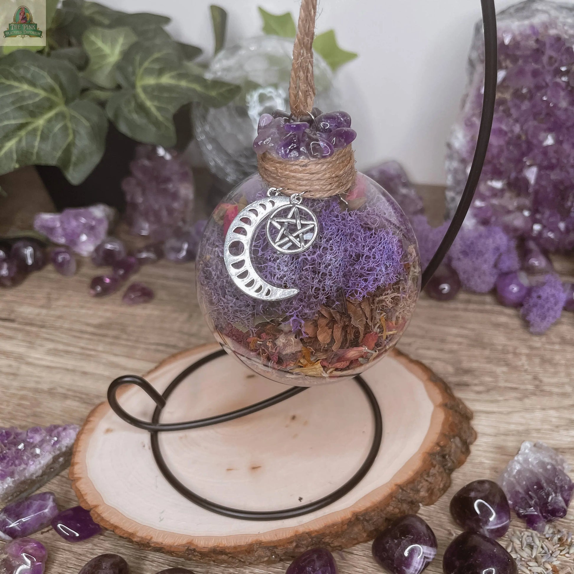 Amethyst Moon Witch Ball, Witchy Decor, Witch Gift: Ball w/ Stand Moondust and Raven