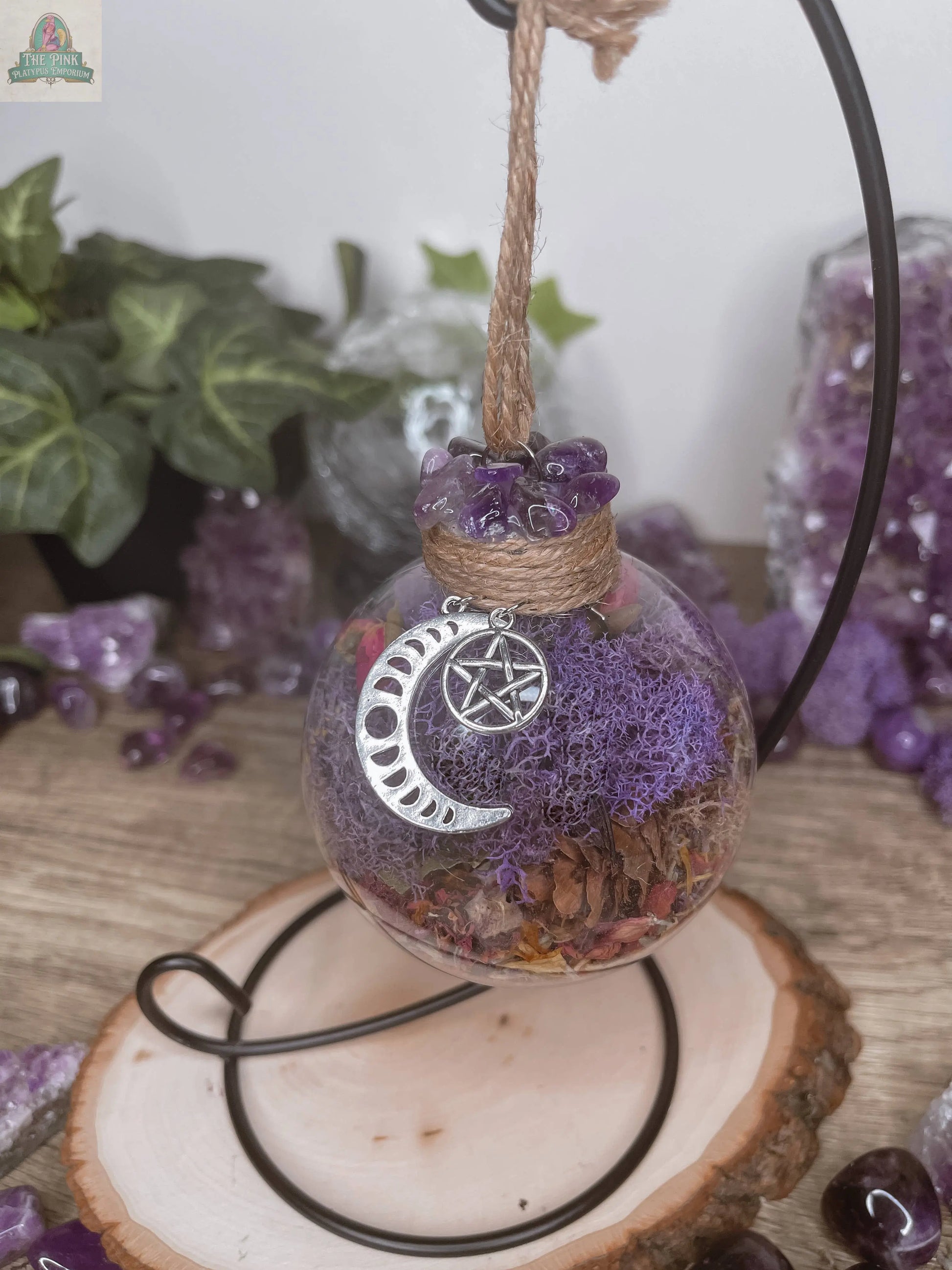 Amethyst Moon Witch Ball, Witchy Decor, Witch Gift: Ball w/ Stand Moondust and Raven