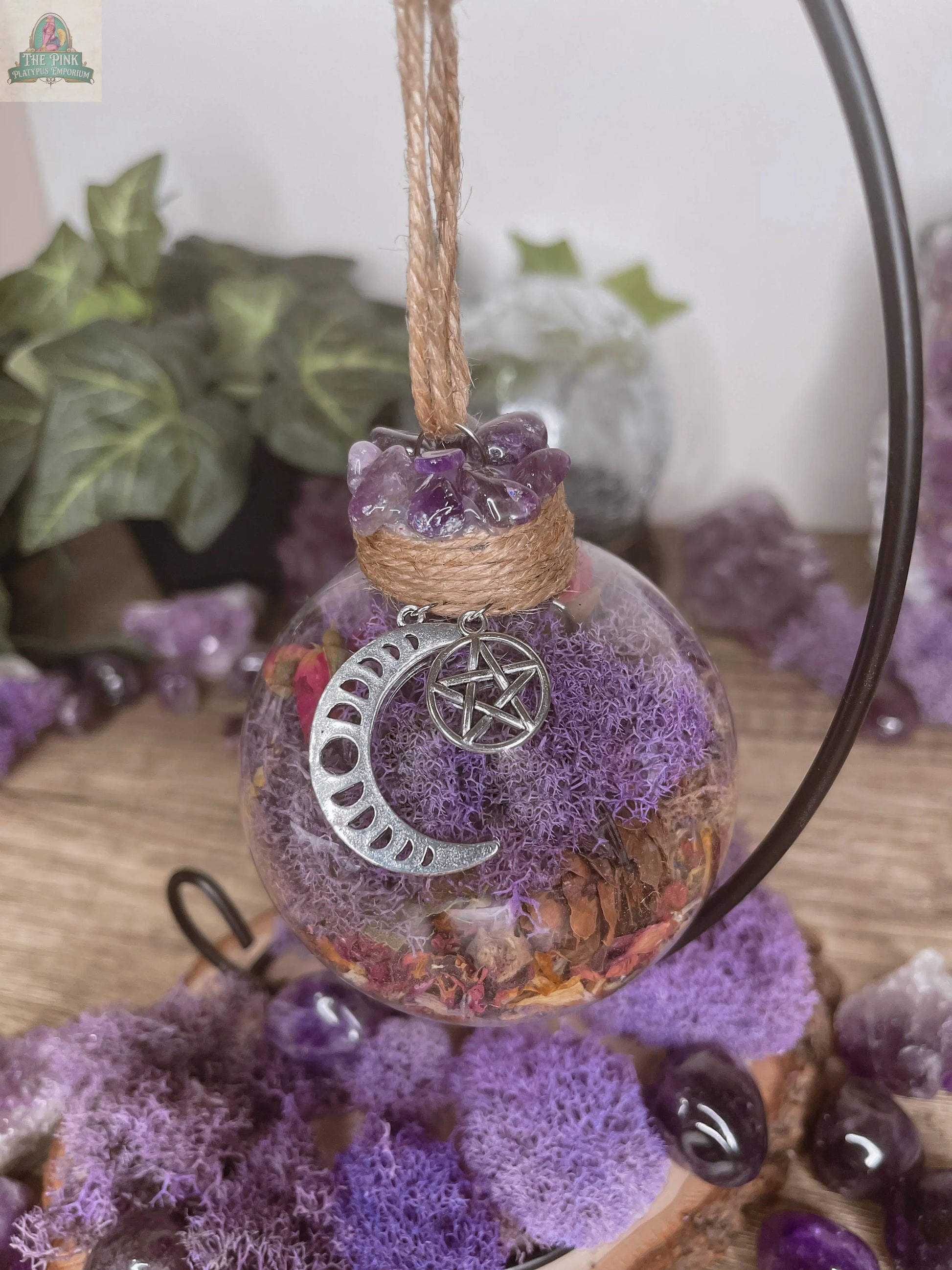 Amethyst Moon Witch Ball, Witchy Decor, Witch Gift: Ball w/ Stand Moondust and Raven