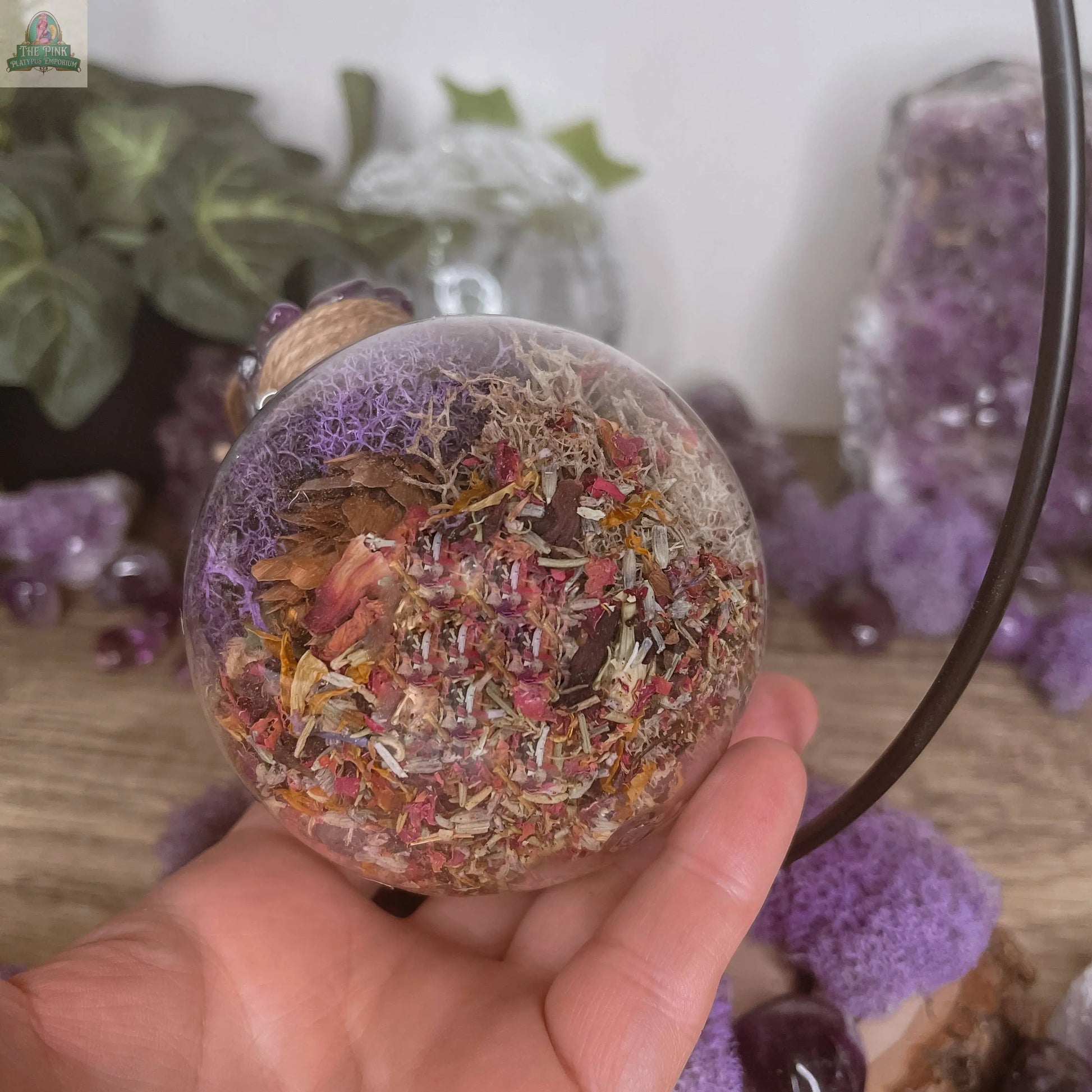 Amethyst Moon Witch Ball, Witchy Decor, Witch Gift: Ball w/ Stand Moondust and Raven