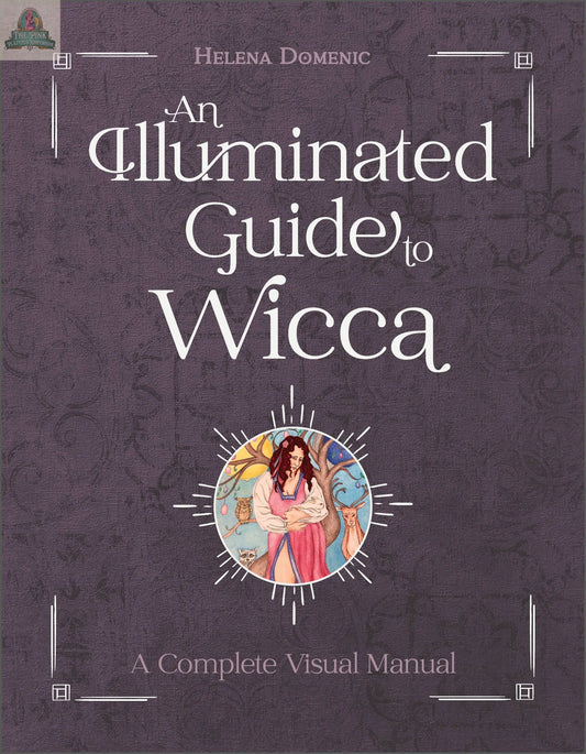 The book cover for An Illuminated Guide to Wicca by REDFeather features a purple background, white text, and artwork of a woman surrounded by nature and symbols, reflecting Wiccan beliefs in this visually rich guide.