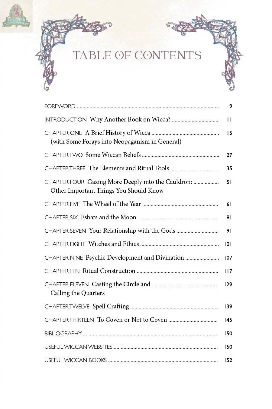 Table of contents from "An Illuminated Guide to Wicca" by REDFeather, listing chapters like A Brief History of Wiccan Beliefs and Elements & Ritual Tools, with page numbers shown on the right.