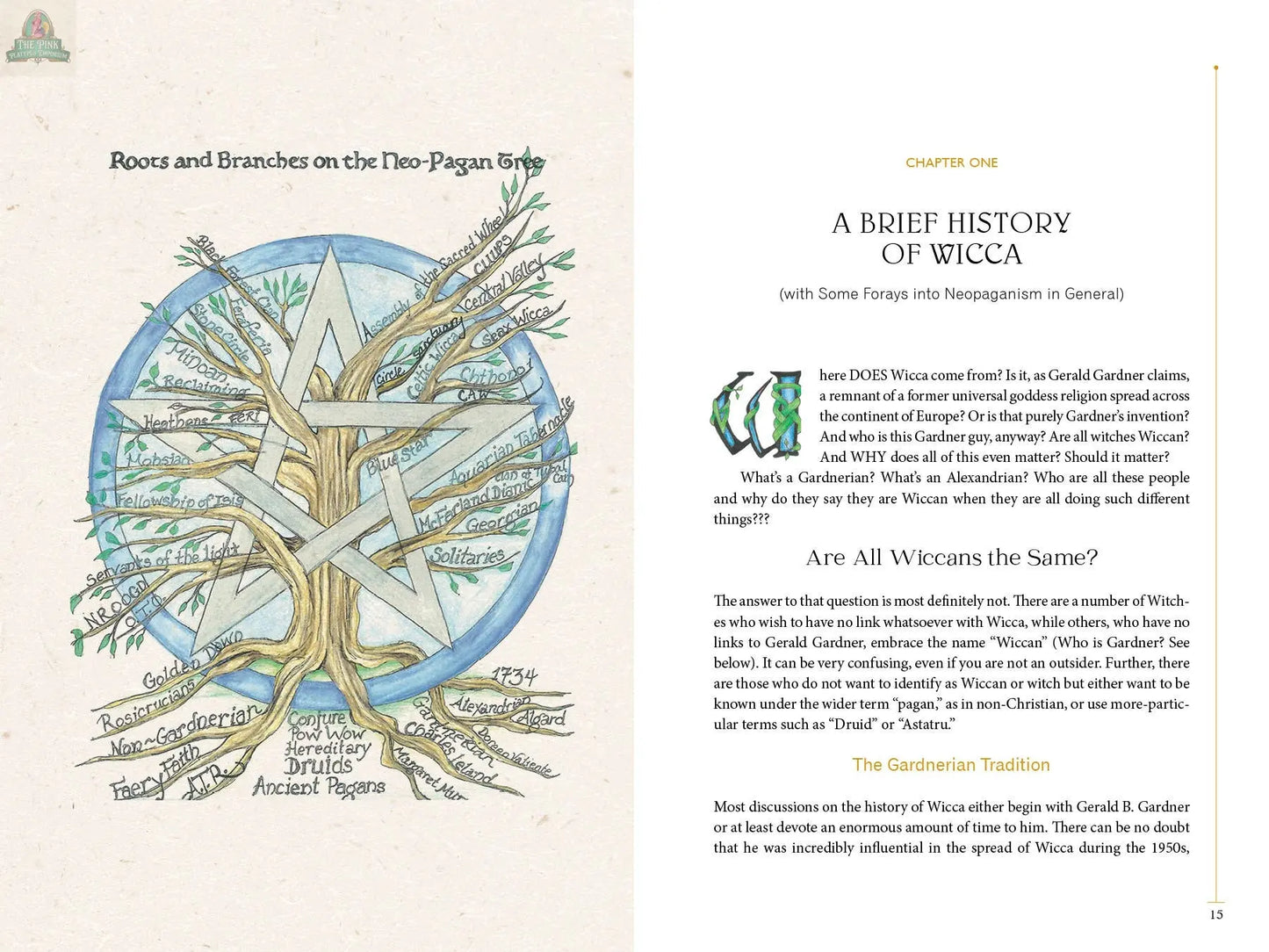 An Illuminated Guide to Wicca by REDFeather features an illustrated Roots and Branches diagram of the Neo-Pagan Tree, the title "A Brief History of Wicca," and introductory text on Wicca’s origins and diverse beliefs.