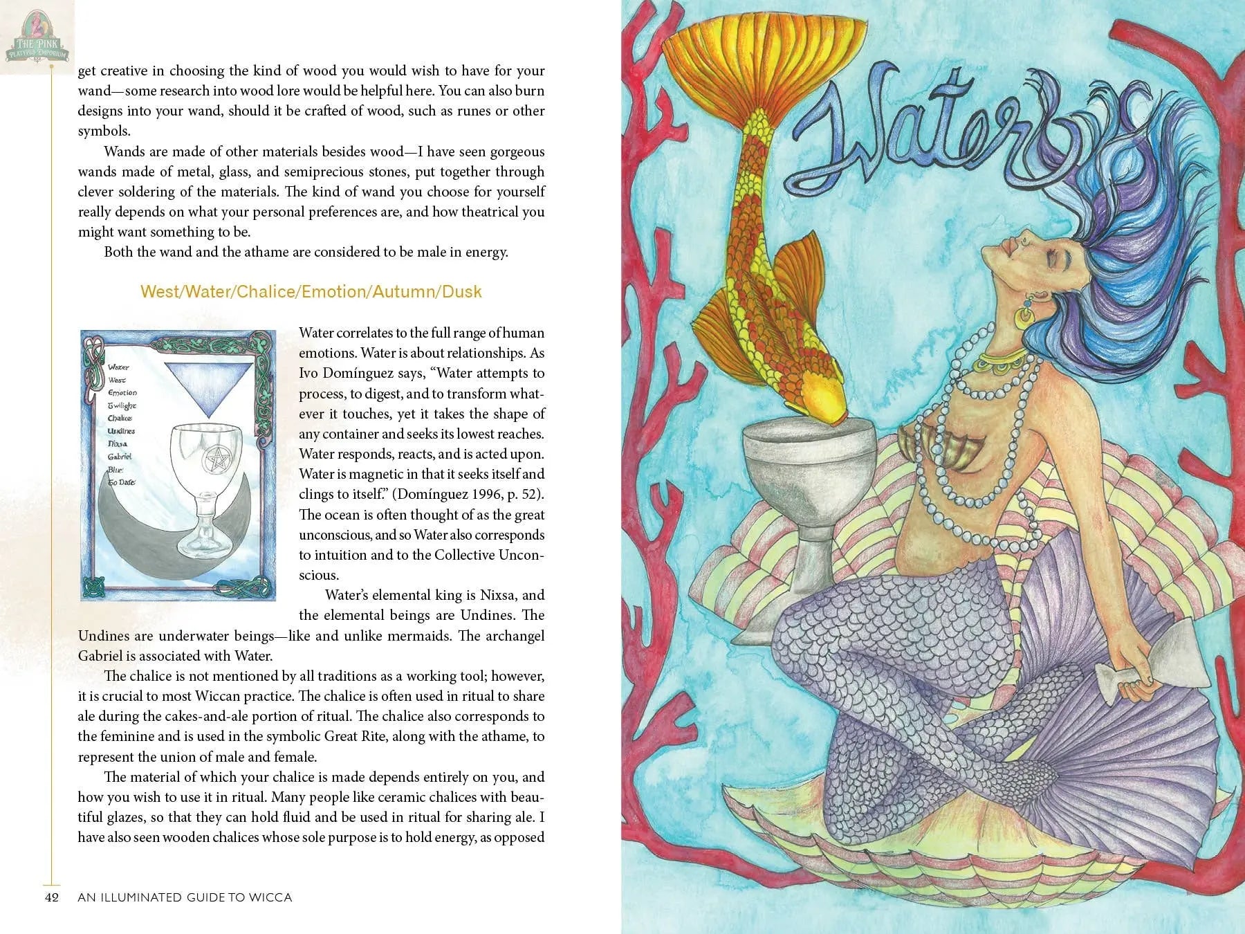 A vibrant mermaid with flowing hair and a golden tail swims by red coral. From REDFeather, "An Illuminated Guide to Wicca" explores water symbolism in Wiccan beliefs, featuring a chalice filled with water.