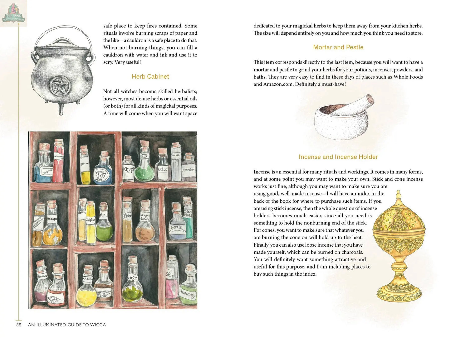 An Illuminated Guide to Wicca by REDFeather features watercolor art of a cauldron, jars, a mortar and pestle, and an ornate incense holder, with text about their roles in Wiccan practices.