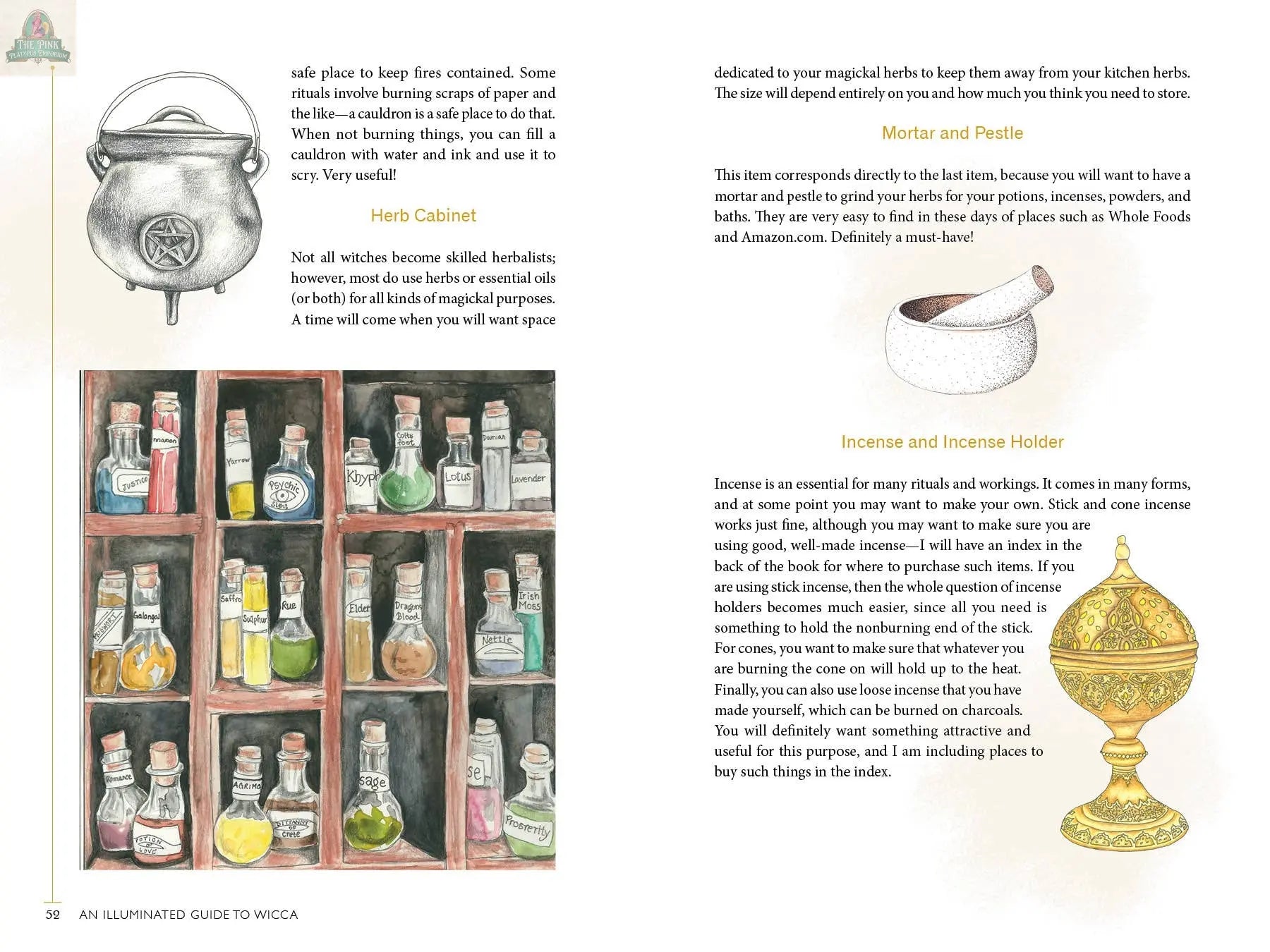 An Illuminated Guide to Wicca by REDFeather features watercolor art of a cauldron, jars, a mortar and pestle, and an ornate incense holder, with text about their roles in Wiccan practices.