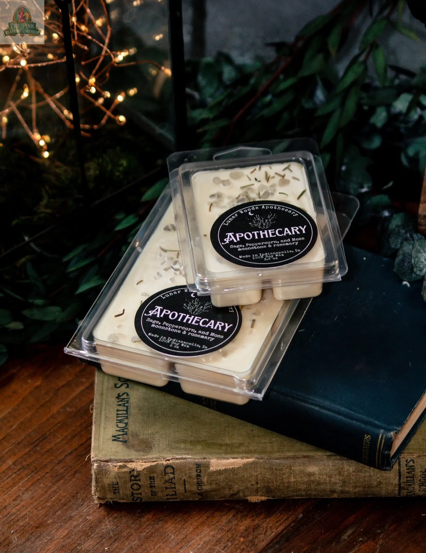 Two packs of Apothecary — Witchy Wax Melts in the Lunar Woods scent sit on vintage books, surrounded by green foliage and glowing string lights in the background.