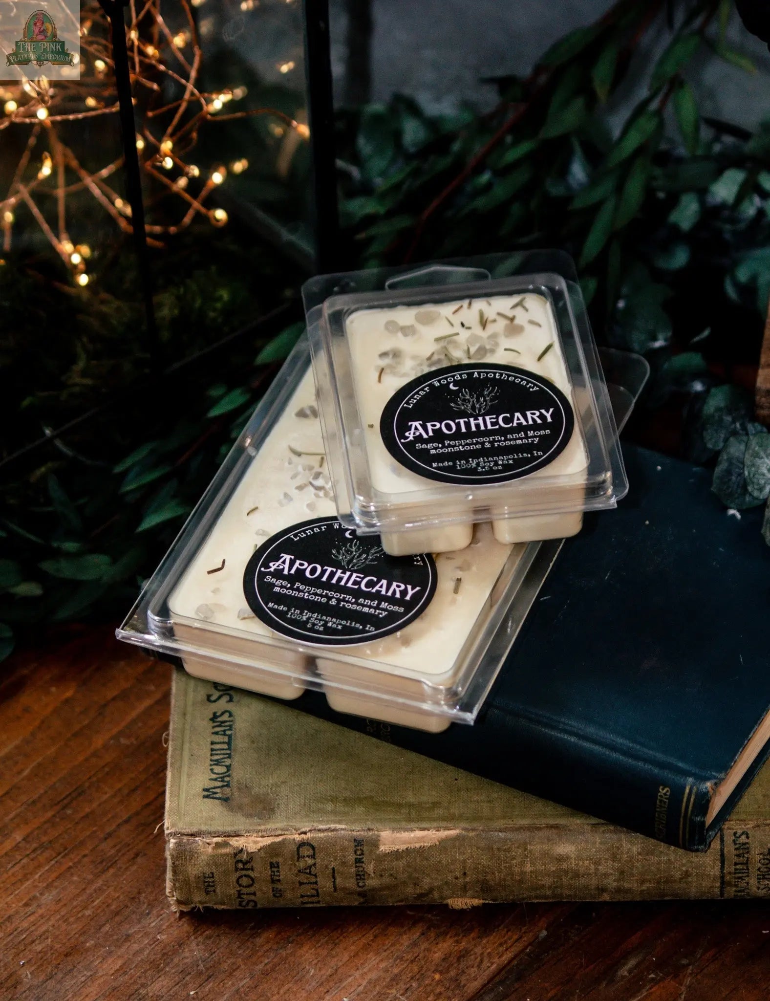 Two packs of Apothecary — Witchy Wax Melts in the Lunar Woods scent sit on vintage books, surrounded by green foliage and glowing string lights in the background.