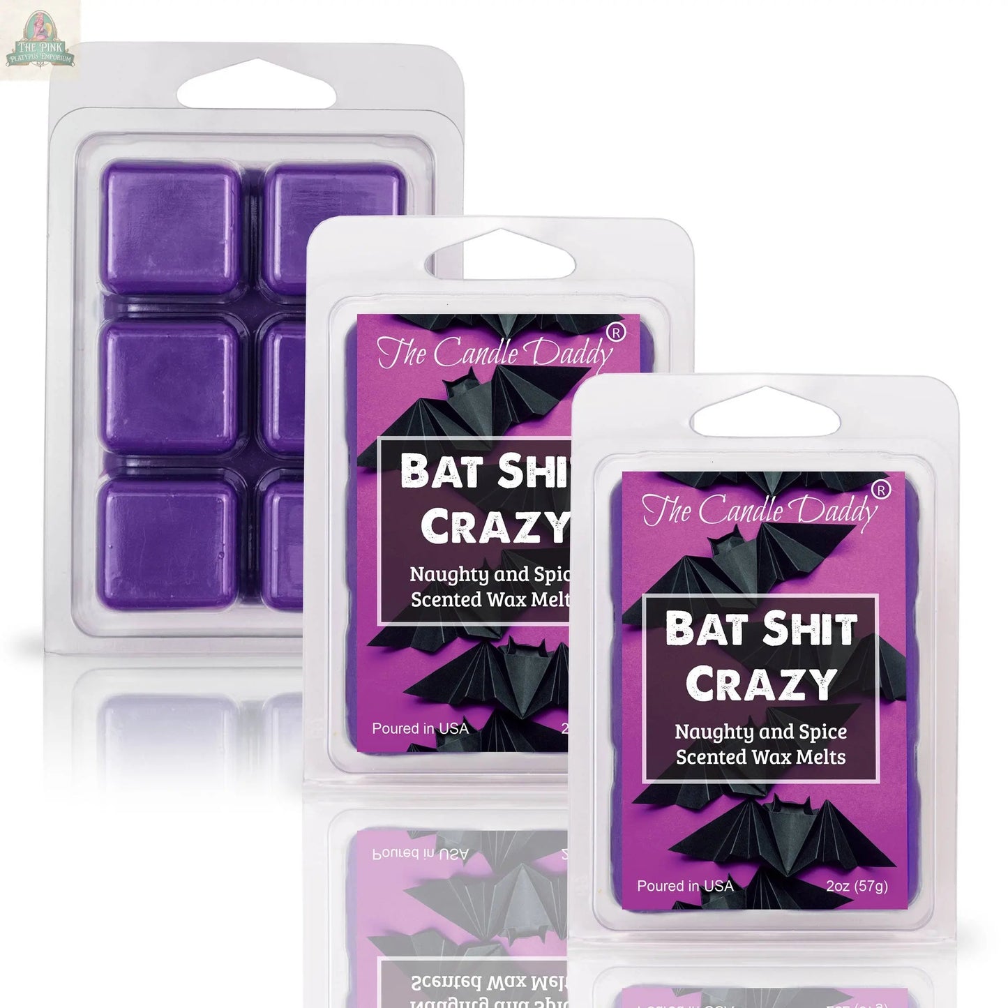 Enjoy BAT SHIT CRAZY - NAUGHTY AND SPICE SCENTED WAX MELT by The Candle Daddy, a purple aromatherapy wax melt with a bold design, bat graphic, and enticing scent, perfect for adding a playful touch to your space.