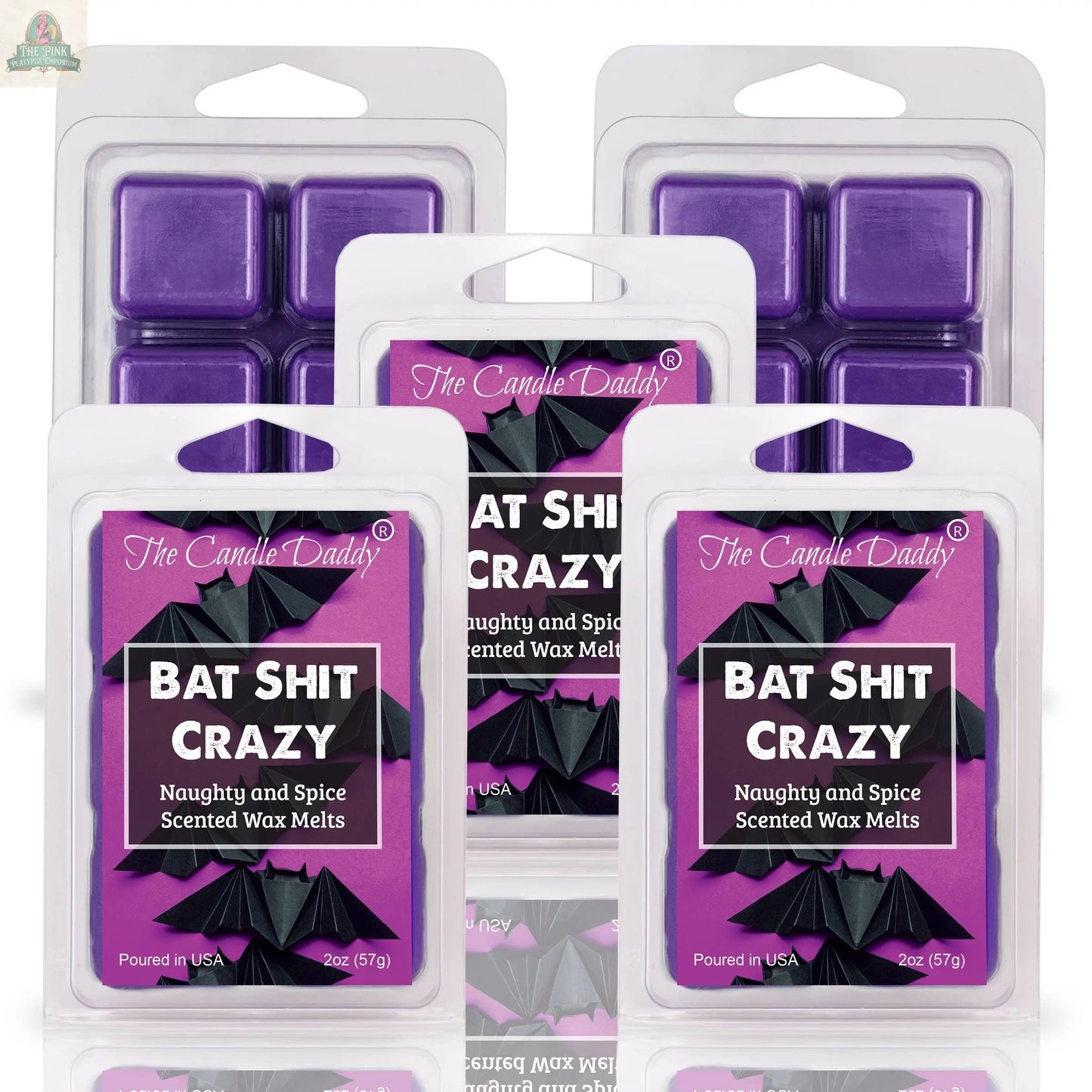 Five packs of BAT SHIT CRAZY - NAUGHTY AND SPICE SCENTED WAX MELT are arranged with three in front and two behind—ideal for bringing a bold aroma to any room.