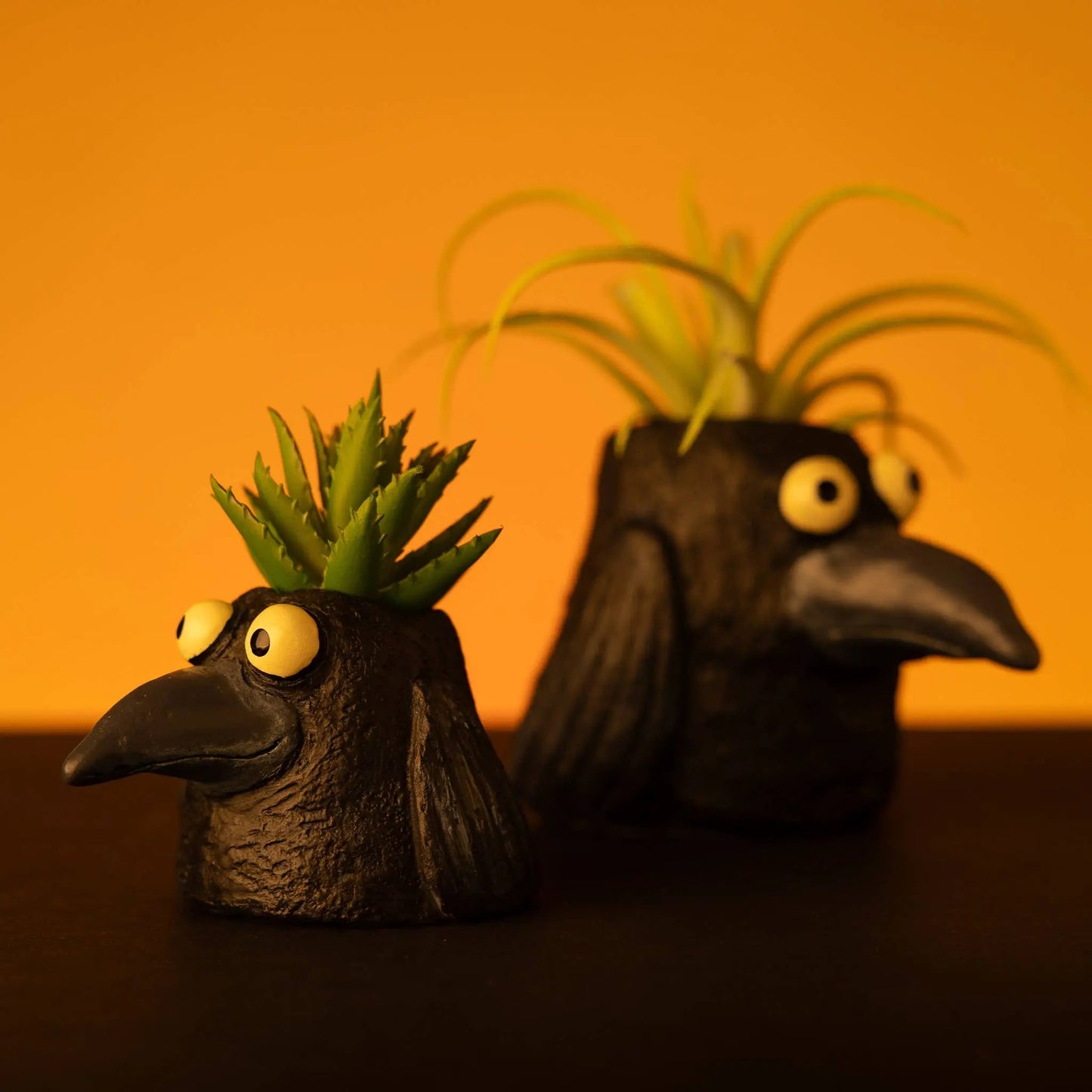 Two black Baby Eddie Crow Blobhouse poly-resin planters with bright yellow eyes and beaks hold spiky green succulents. Set against a solid warm orange background, they’re perfect for quirky home décor or displaying small plants.