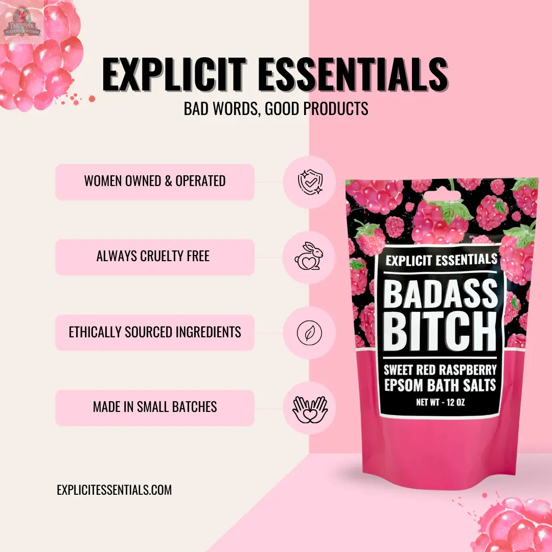 Explicit Essentials Bad Ass Bitch Bath Salts 12oz Bag features sweet red raspberry Epsom salts. Women-owned, cruelty-free, and small batch—ideal for self-care gifting. Pink berry graphics add a playful vibe.