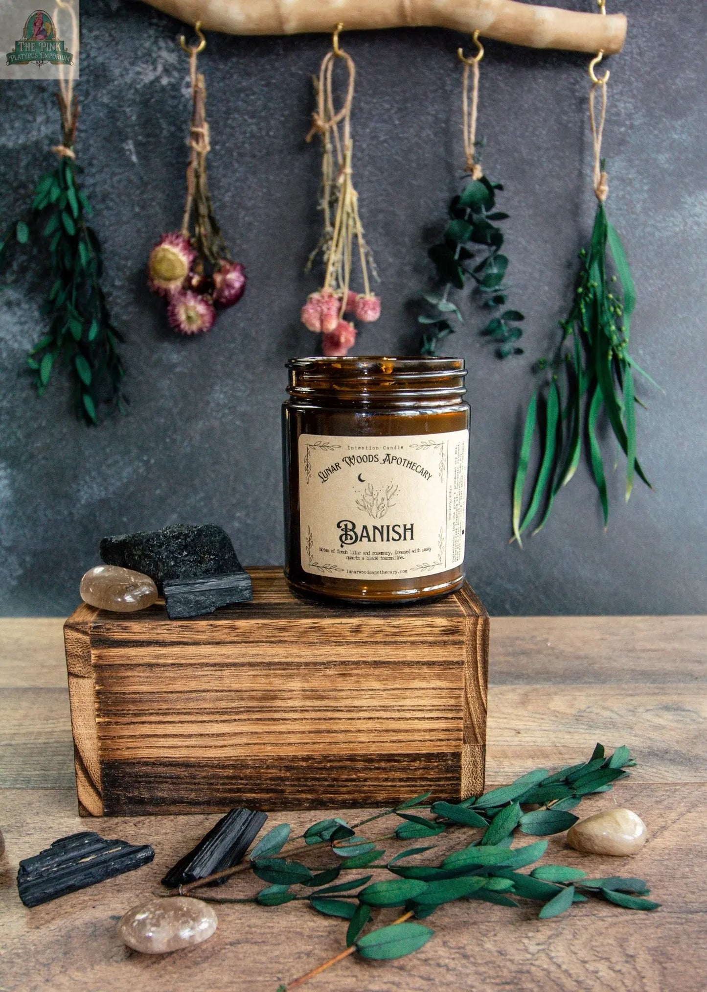 The Banish candle, in a brown glass jar, rests on wood among stones, charcoal, and greenery. Dried plants hang from a branch against a dark wall, framing this crystal-infused metaphysical candle.