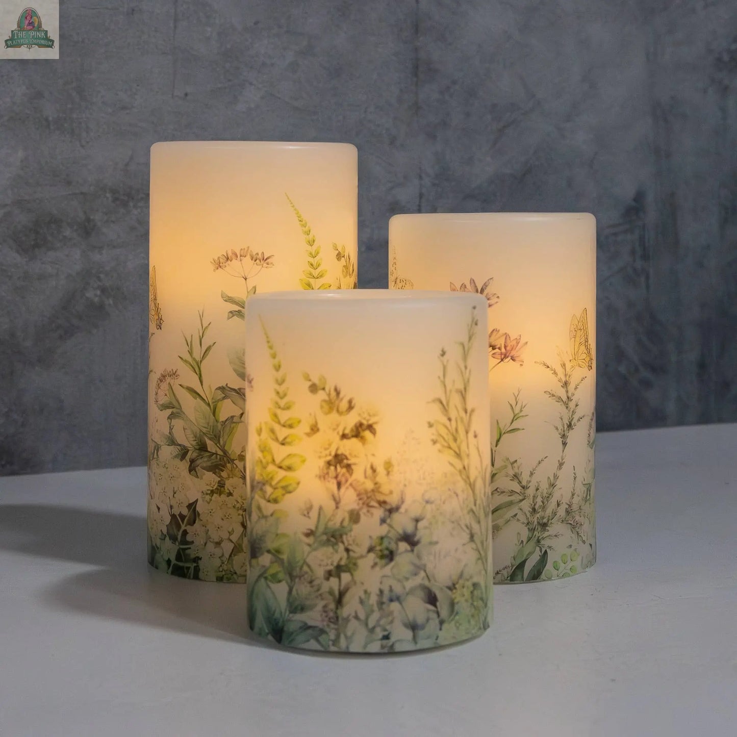 Battery Operated Wax Candles with Floral Design - Set of 3 LumaBase