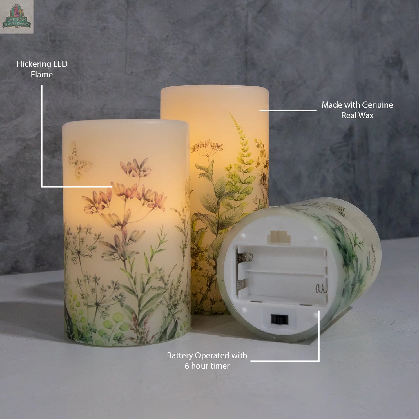 Battery Operated Wax Candles with Floral Design - Set of 3 LumaBase