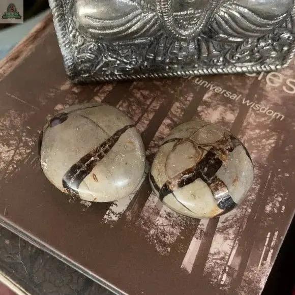 Two Beautiful Palm Dragon Stone Druzy (Bodhi Crystal Magic), each about 2" in diameter with natural dark cross patterns, rest on a forest-themed book beside a silver decorative item featuring an embossed figure.