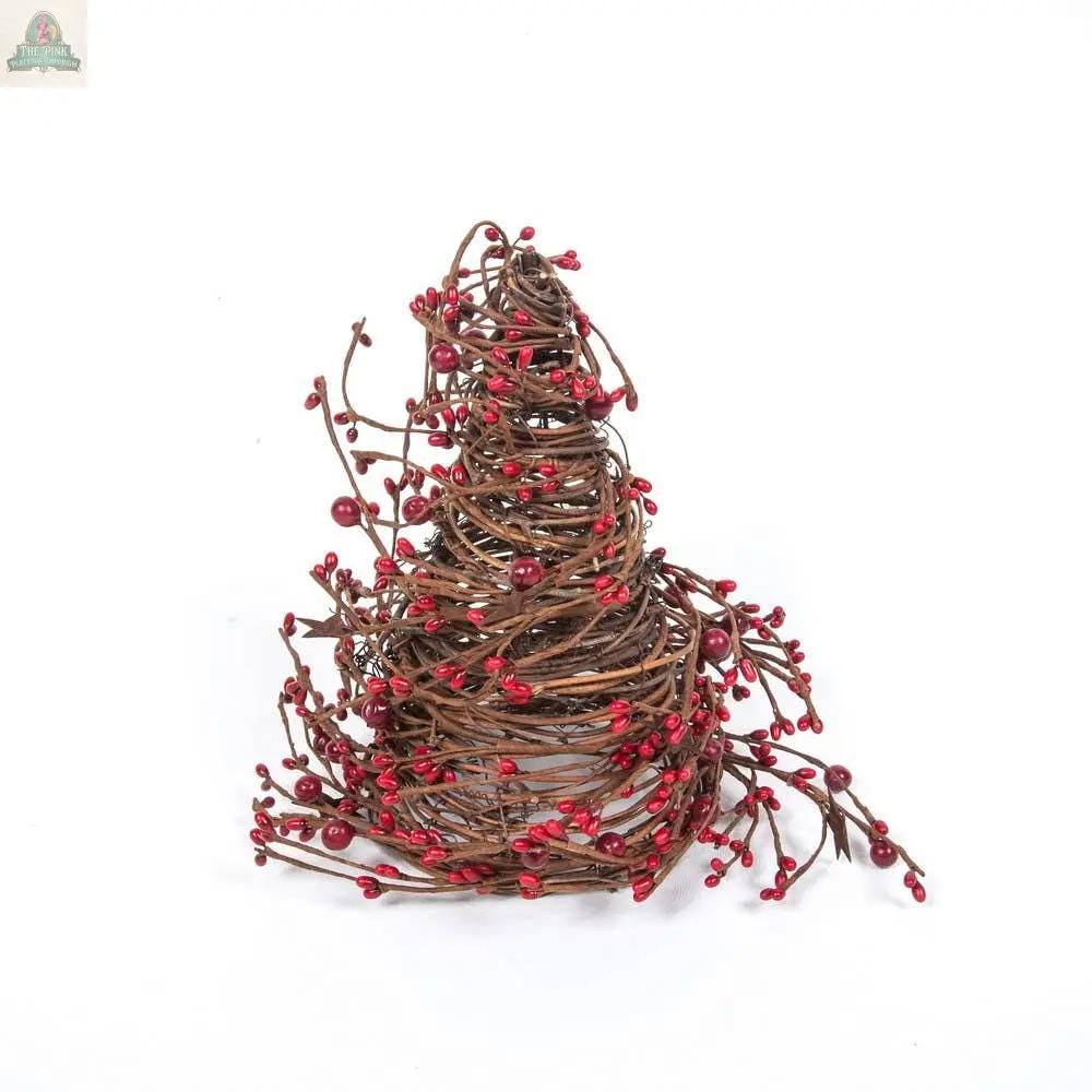 The Berry Cone Tree w/ Rust Stars features vibrant mixed berries and twisted brown vines, elegantly shaped like a rustic holiday tree, making it an ideal festive centerpiece against a plain white background.