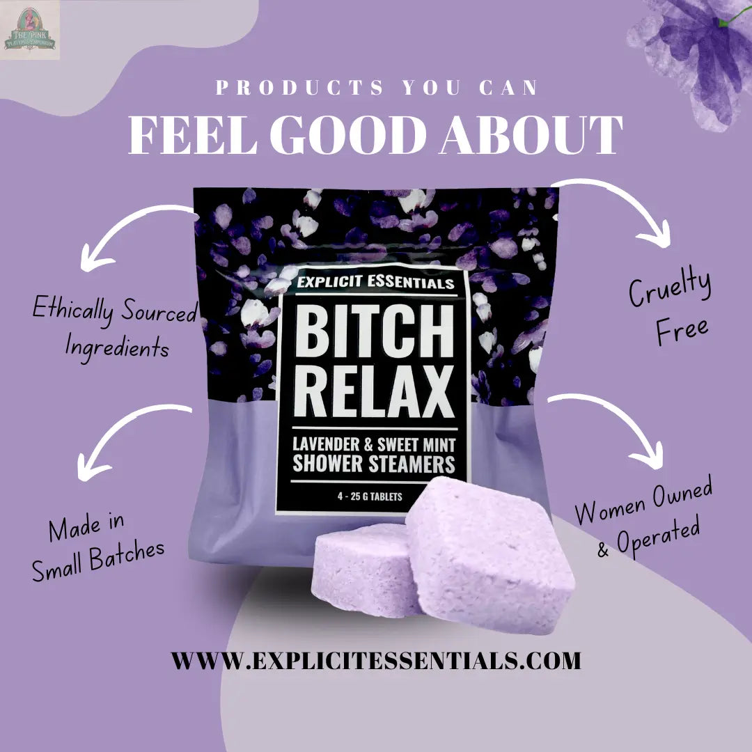 A package of Bitch Relax Shower Steamers by Explicit Essentials sits on a purple background, with text highlighting ethically sourced ingredients, small batch production, cruelty-free process, and women-owned—an ideal self-care gift.