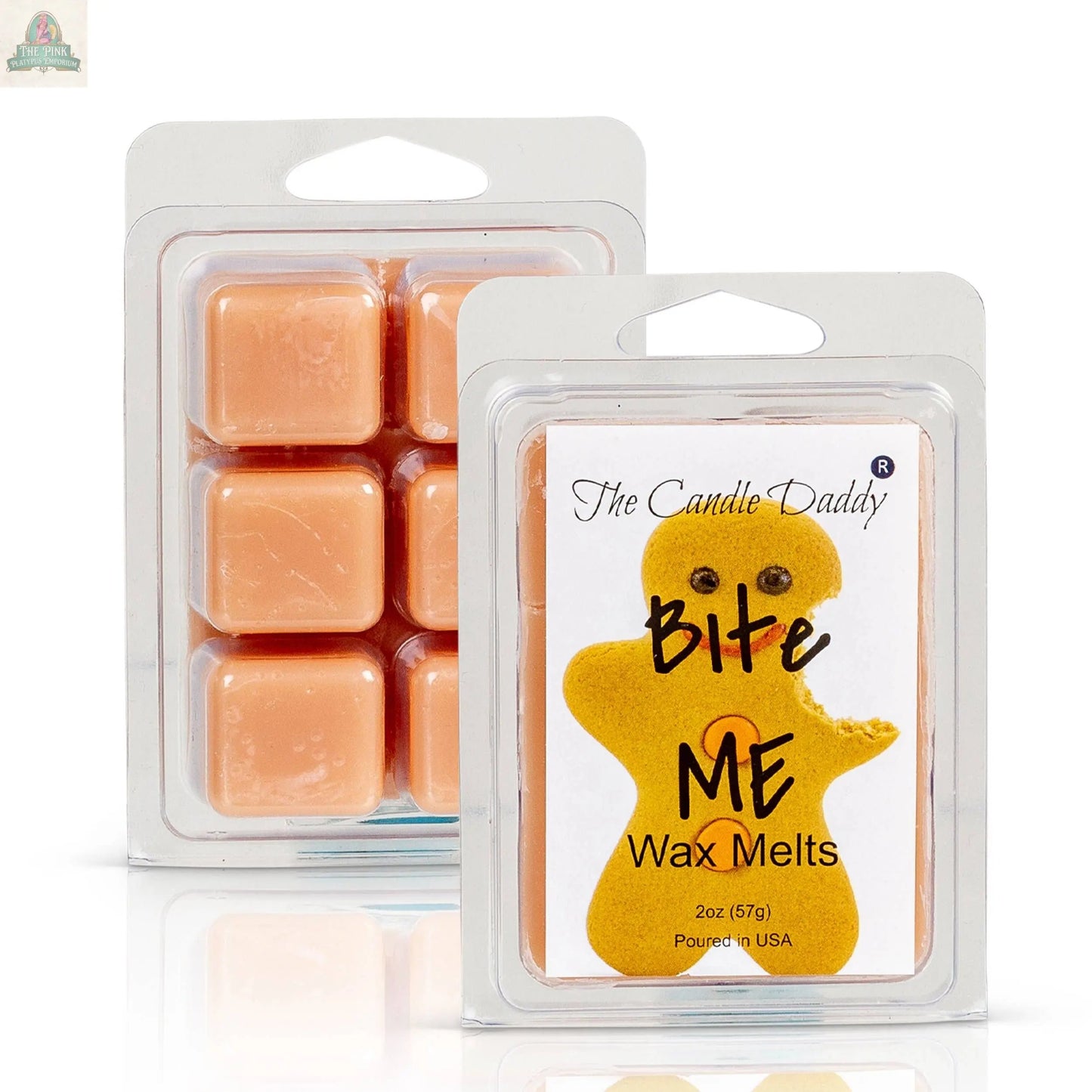 One pack of Bite Me - Funny Christmas Gingerbread Cookie Scented Wax Melts features a bitten gingerbread man on the label and contains six highly scented wax melt cubes.