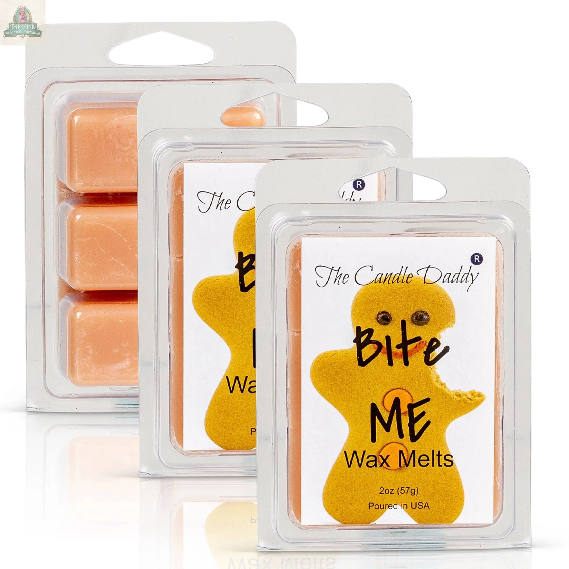 A package of Bite Me - Funny Christmas Gingerbread Cookie Scented Wax Melts features a bitten gingerbread figure and includes six wax melts.